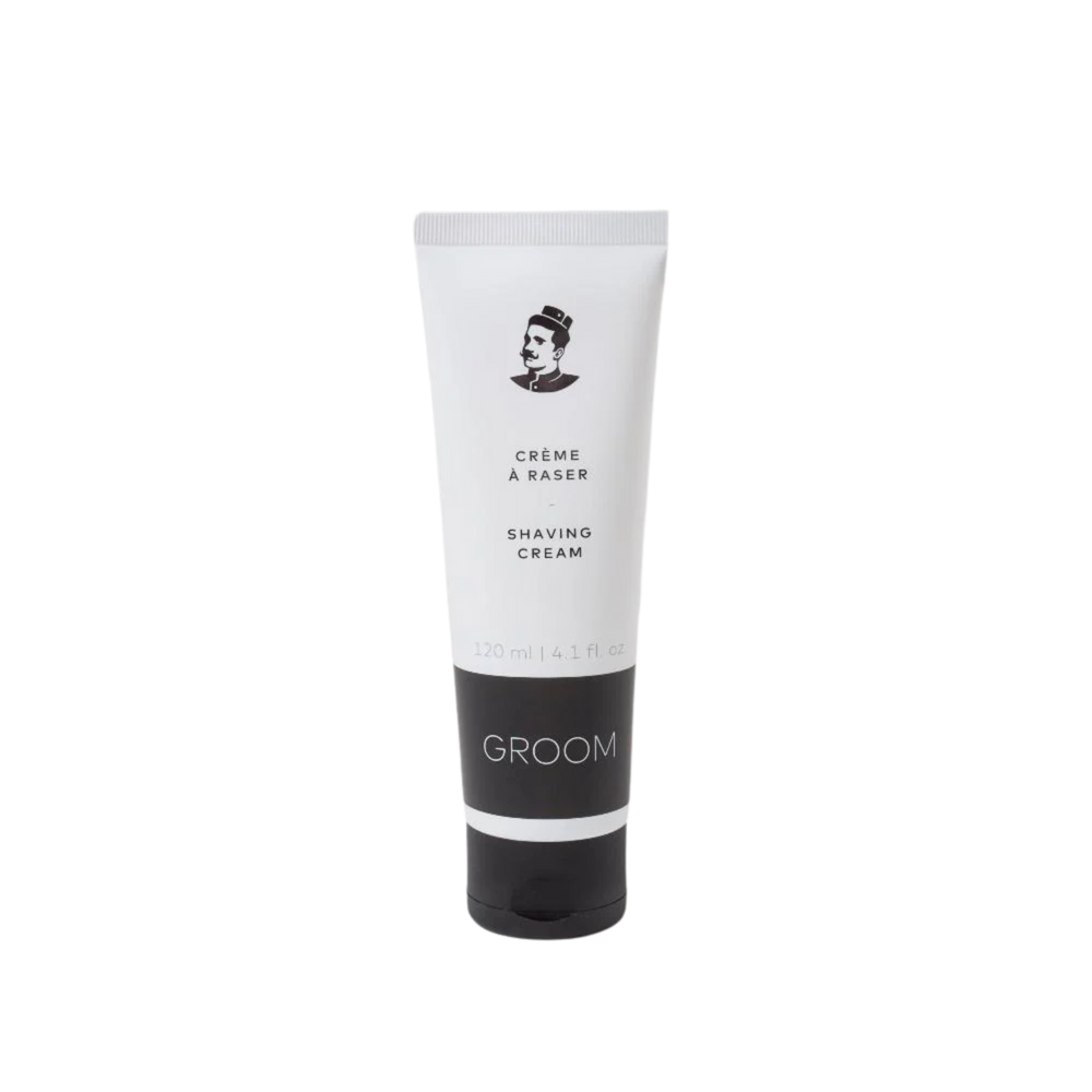 Tube de 120 ml de Crème à raser Groom – soin onctueux naturel pour un rasage apaisant, parfum pin-sauge-genévrier, emballage recyclé

