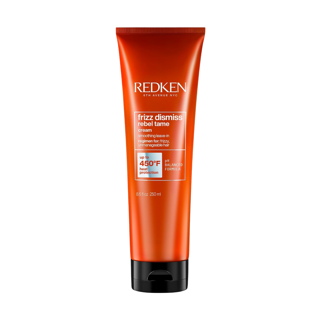 Tube de la crème sans rinçage Rebel Tame de Redken posé sur fond clair, formule anti‑frisottis enrichie en huile de babassu, protection thermique jusqu’à 230 °C.