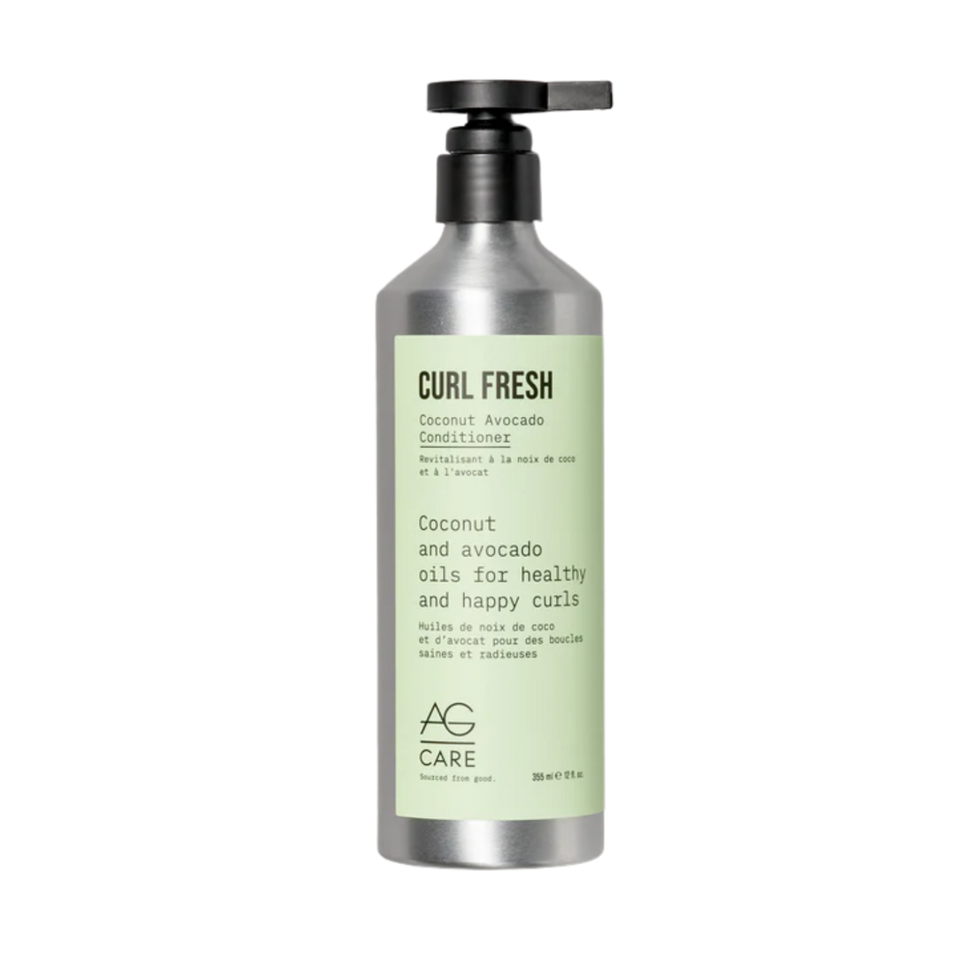 Flacon AG Care Curl Fresh Coconut Avocado Conditioner, cheveux bouclés hydratés en arrière‑plan