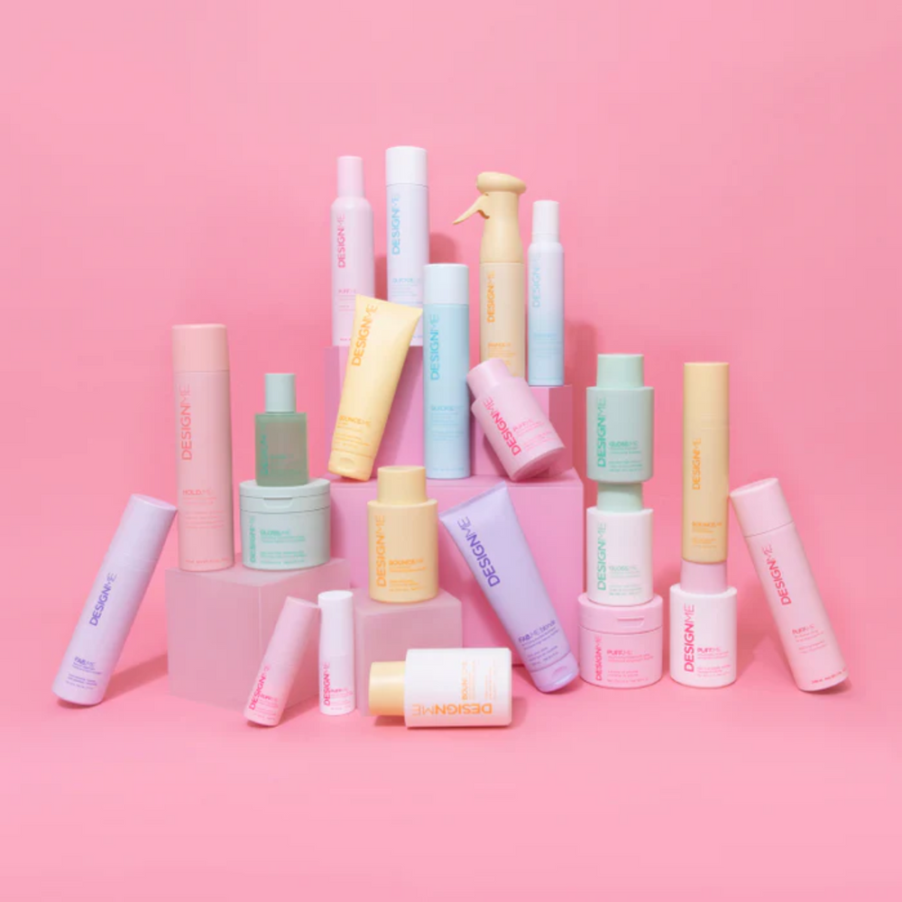 “Collection DESIGN.ME : bouteilles de shampooing, soin volume, spray, sérum stylisant”