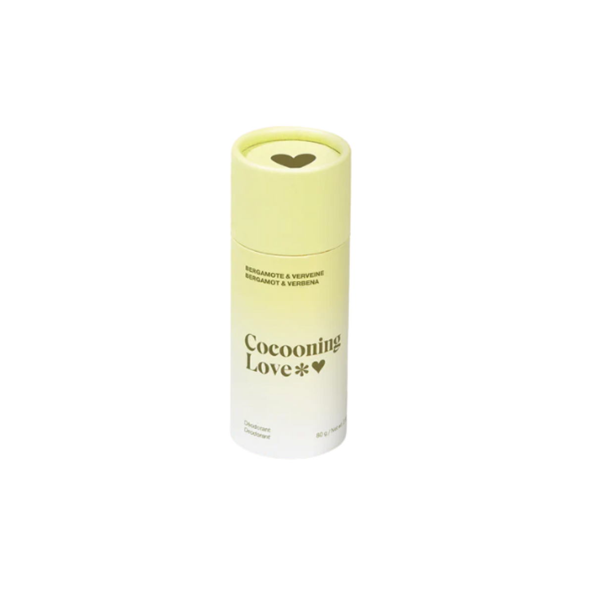 Stick de déodorant solide Cocooning Love Bergamote & Verveine dans un tube en carton.