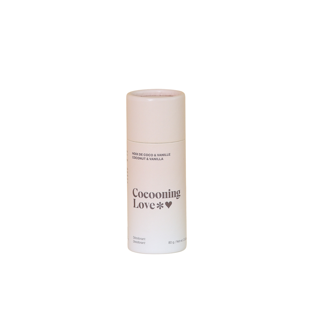 Stick de déodorant Cocooning Love Coconut & Vanille dans un tube carton, texture solide naturelle.