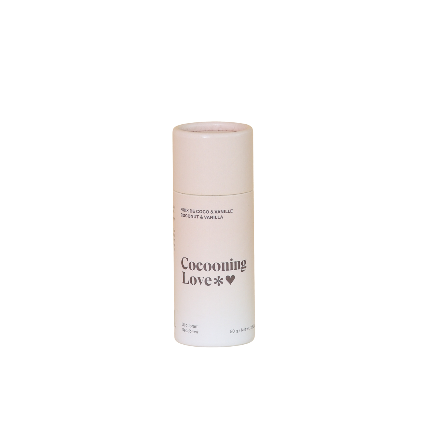 Stick de déodorant Cocooning Love Coconut & Vanille dans un tube carton, texture solide naturelle.
