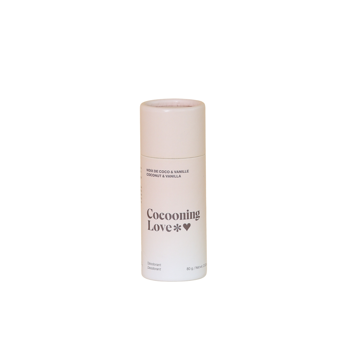 Stick de déodorant Cocooning Love Coconut & Vanille dans un tube carton, texture solide naturelle.