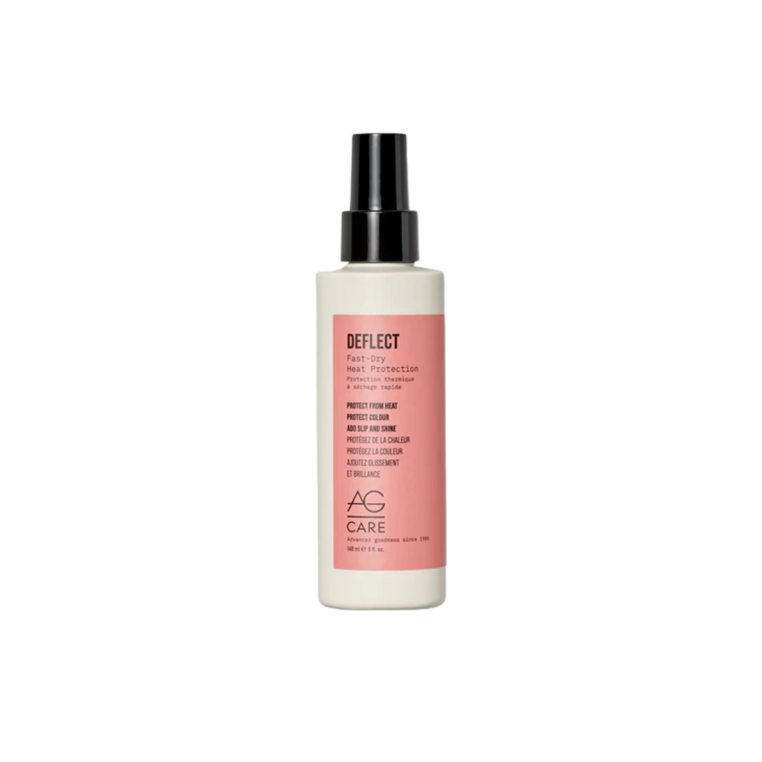 Spray AG Care Deflect Fast‑Dry Heat Protection, flacon transparent, cheveux lisses et brillants en arrière-plan