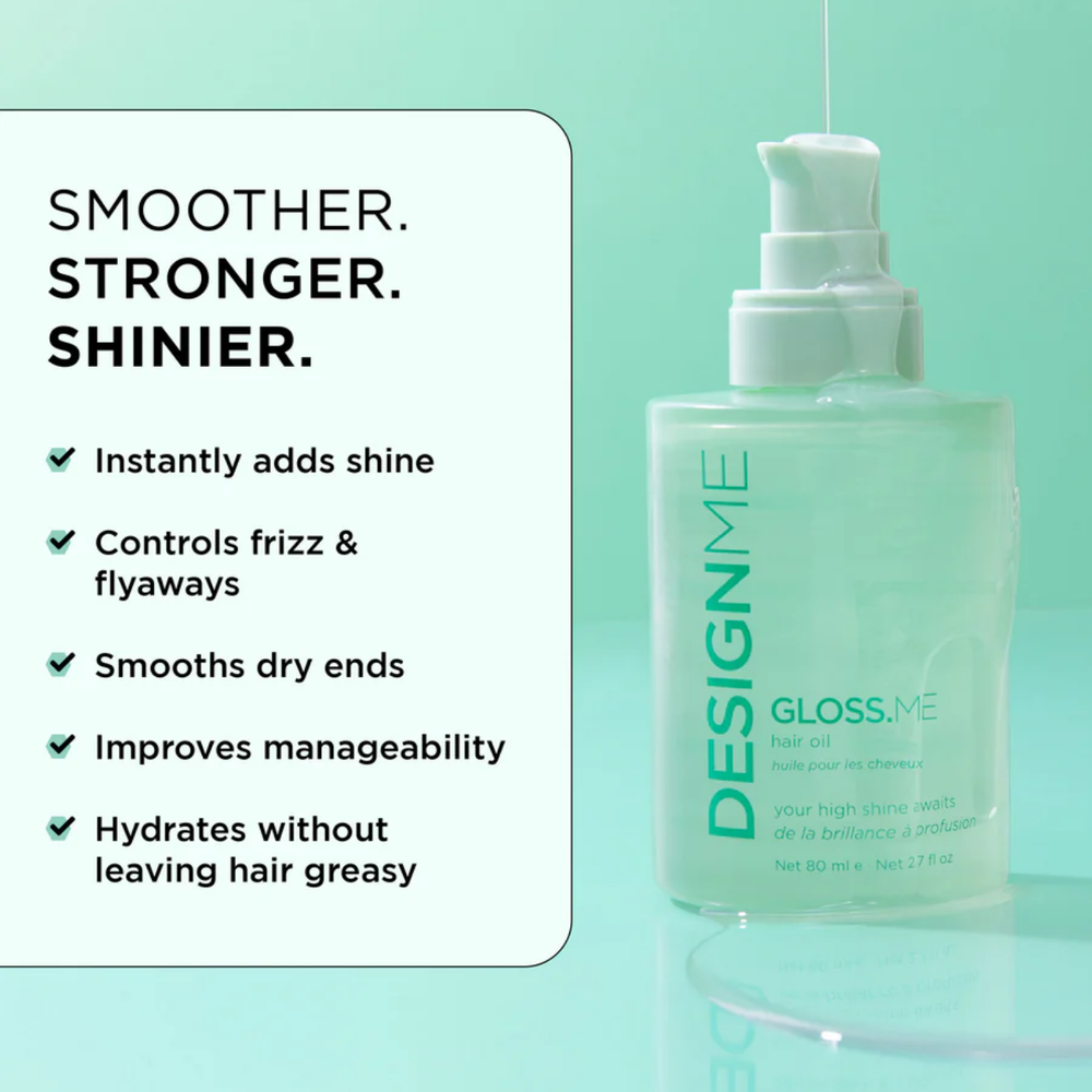 Bouteille élégante de l’huile Gloss.Me de Design.Me, formule légère qui nourrit, lisse et apporte brillance et éclat aux cheveux sans les alourdir.
