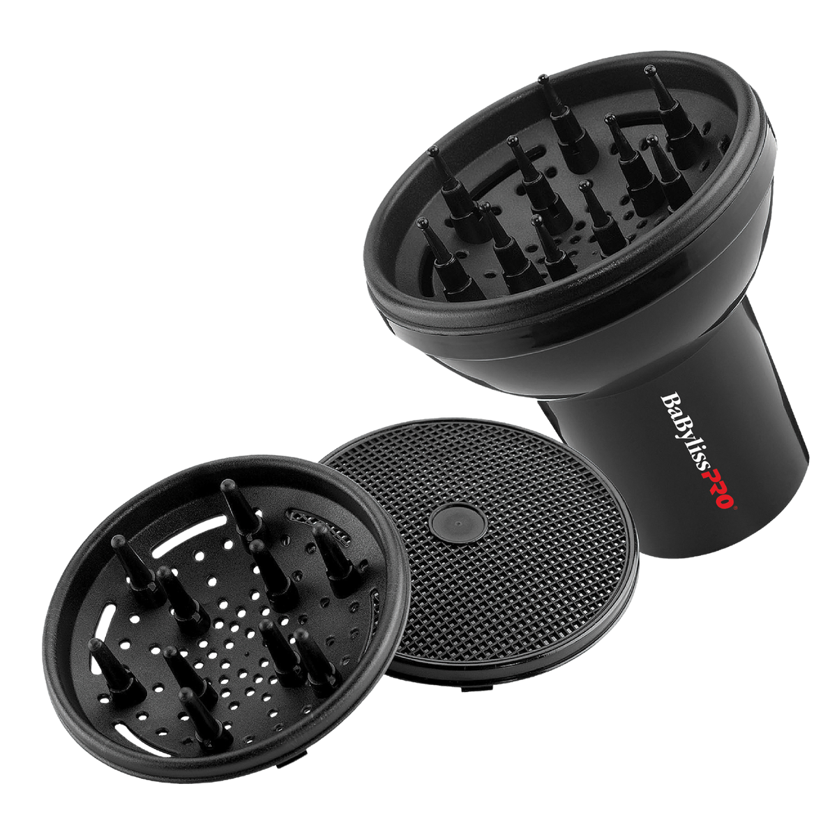 « Diffuseur universel 3‑en‑1 BaBylissPRO BESD05C – vue fixée sur sèche‑cheveux, embout noir »