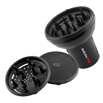 « Diffuseur universel 3‑en‑1 BaBylissPRO BESD05C – vue fixée sur sèche‑cheveux, embout noir »