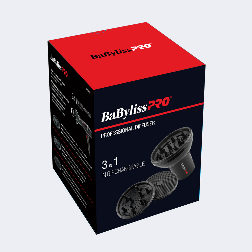 « Diffuseur universel 3‑en‑1 BaBylissPRO BESD05C – vue fixée sur sèche‑cheveux, embout noir »