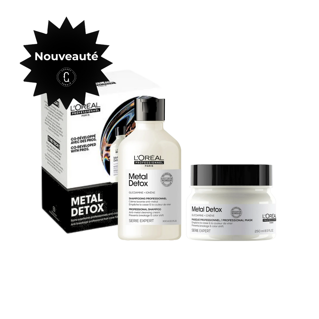 Duo Metal Detox shampooing et masque L’Oréal Professionnel pour cheveux purifiés et colorés.
