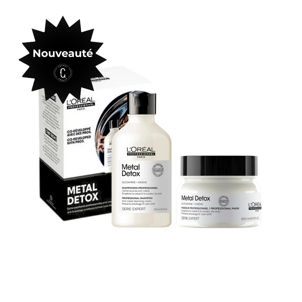 Duo Metal Detox shampooing et masque L’Oréal Professionnel pour cheveux purifiés et colorés.