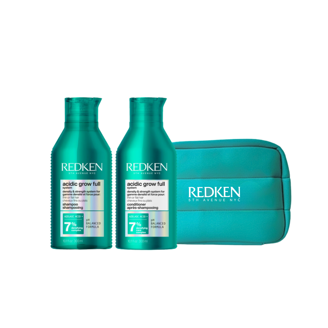 Duo Redken Acidic Grow Full comprenant shampooing et revitalisant densifiants 300 ml pour cheveux fins ou fragilisés.