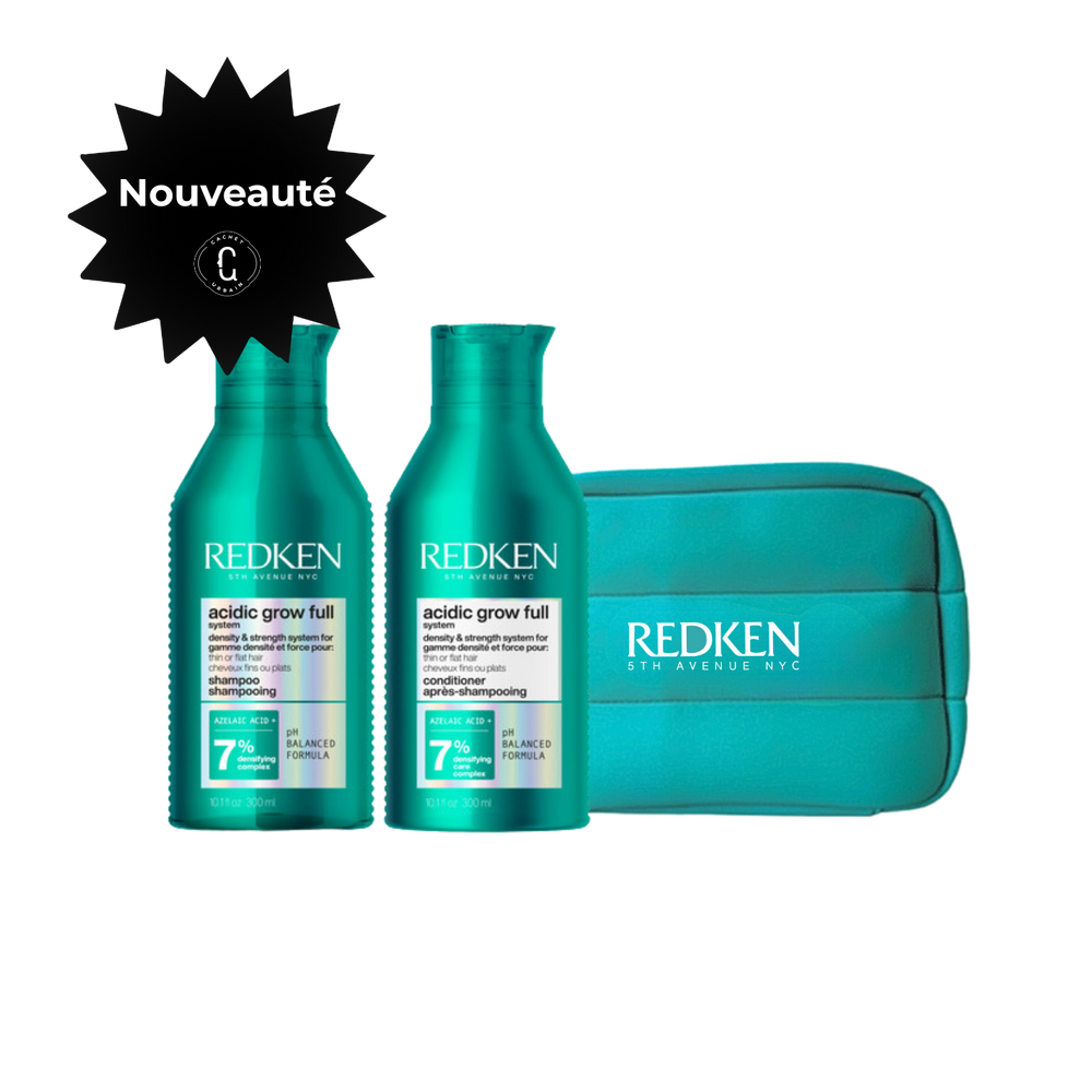 Duo Redken Acidic Grow Full comprenant shampooing et revitalisant densifiants 300 ml pour cheveux fins ou fragilisés.