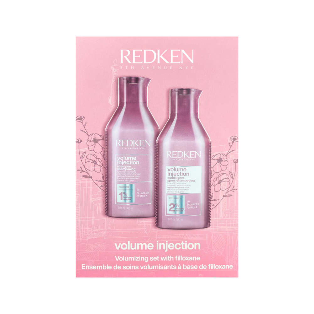 Duo Redken Volume Injection shampoing et revitalisant 300 ml pour cheveux fins, soin capillaire volumisant avec effet épaississant.