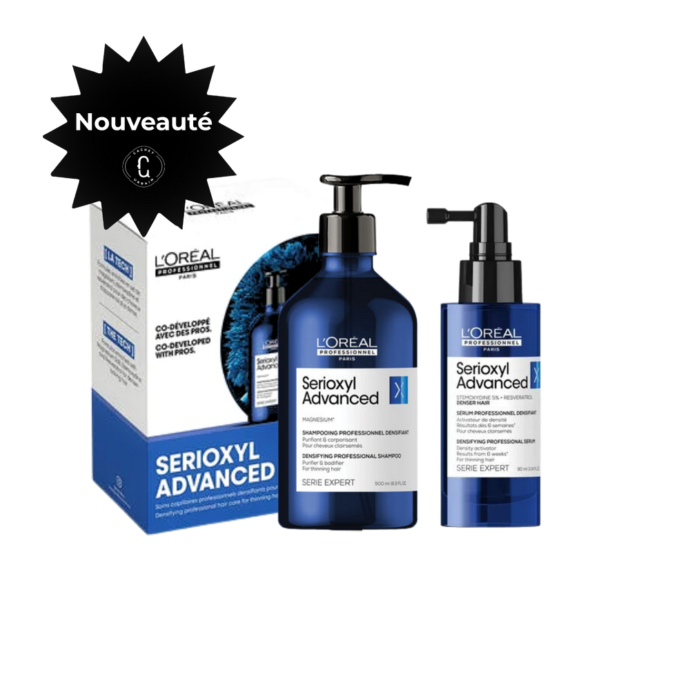 Duo Serioxyl Advanced L’Oréal Professionnel – shampooing et sérum densifiant pour cheveux plus volumineux.