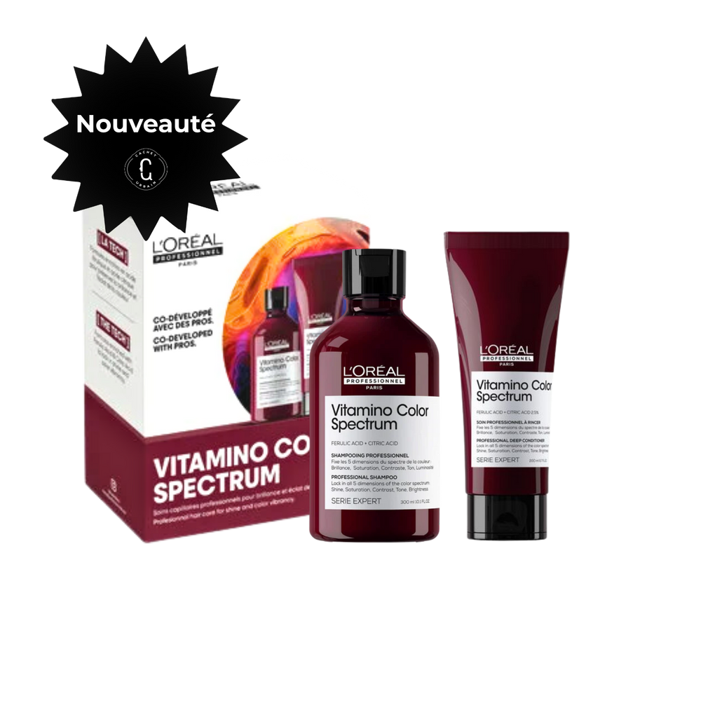 Duo Vitamino Color Spectrum shampooing et revitalisant L’Oréal Professionnel pour cheveux colorés.