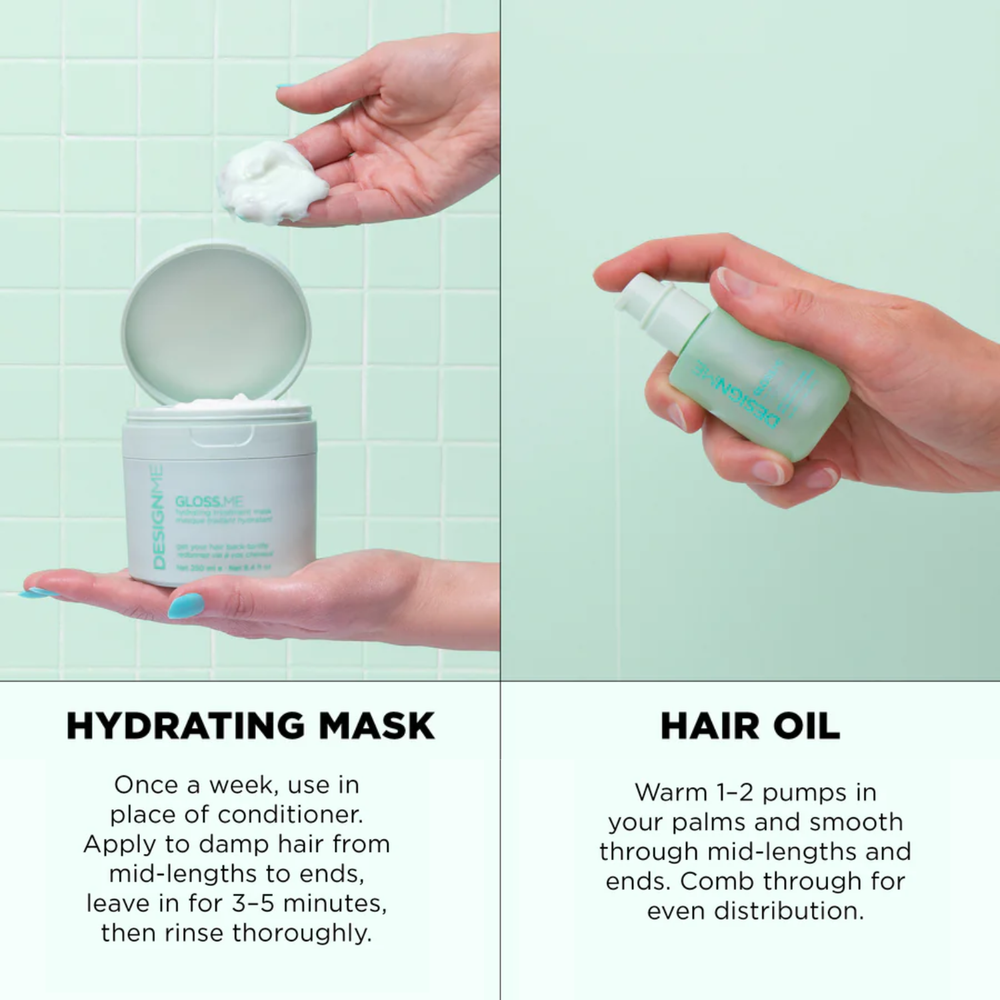 Duo hydratation intense DesignME Hair – masque hydratant et huile capillaire pour cheveux secs et brillants