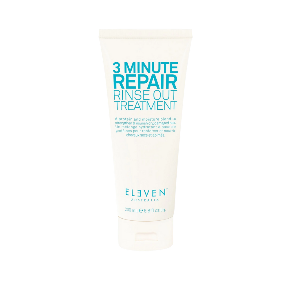 Flacon 200 ml du traitement 3 Minute Repair Rinse‑Out d’Eleven Australia pour cheveux réparés et nourris en 3 minutes