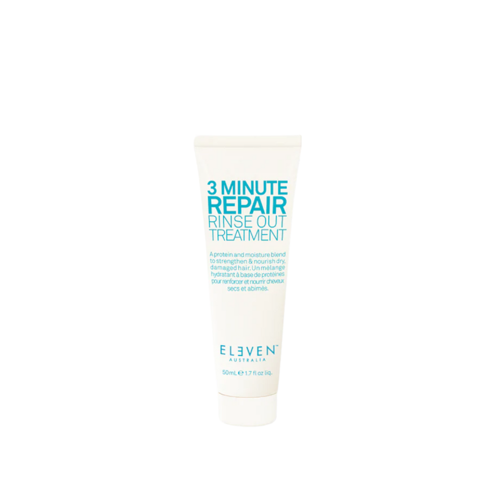 Flacon 200 ml du traitement 3 Minute Repair Rinse‑Out d’Eleven Australia pour cheveux réparés et nourris en 3 minutes
