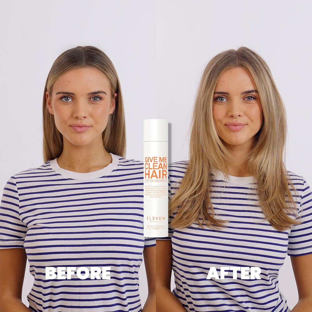 Spray sec “Give Me Clean” ELEVEN Australia – flacon élégant avec bouchon, pour rafraîchir cheveux sans eau et apporter volume naturellement.