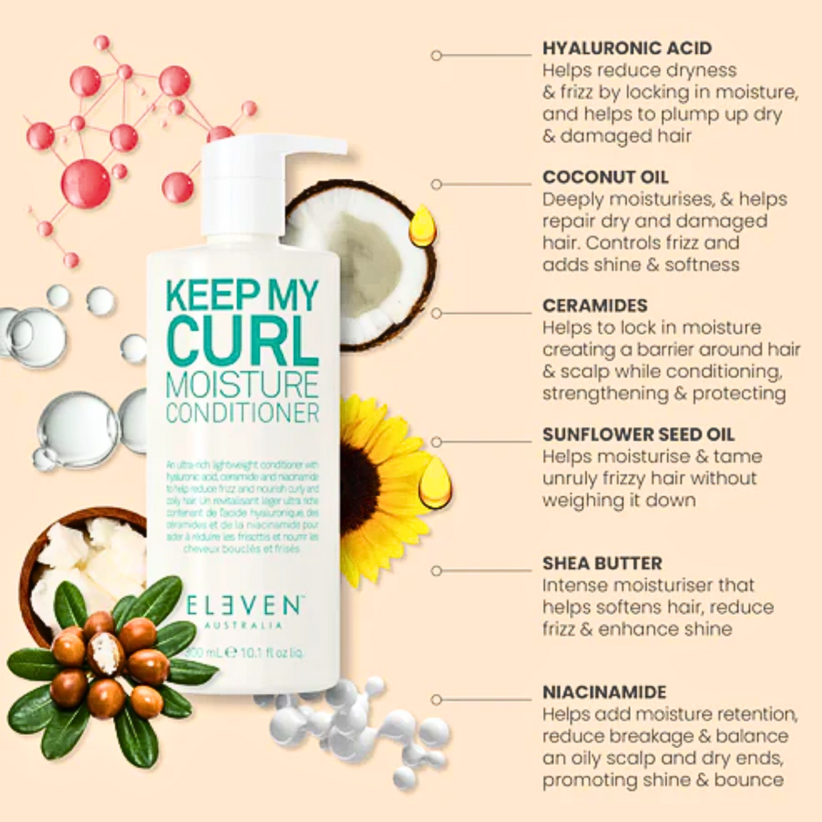 Flacon de l’après-shampoing Eleven Australia Keep My Curl Moisture 300 ml pour cheveux bouclés