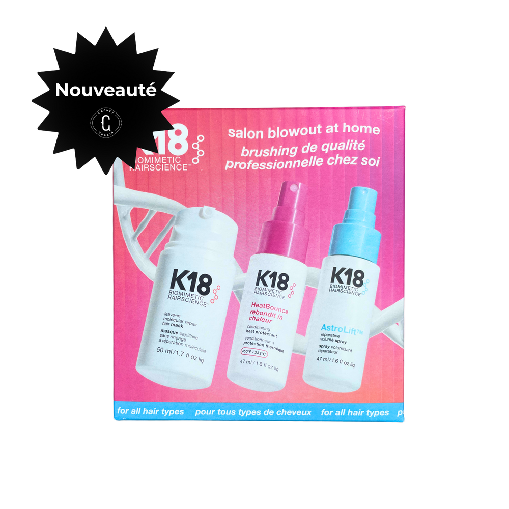 Ensemble Printemps Mise en Plis 2026 K18 comprenant masque capillaire moléculaire 50 ml, HeatBounce protecteur thermique 47 ml et AstroLift spray volumisant 47 ml.
