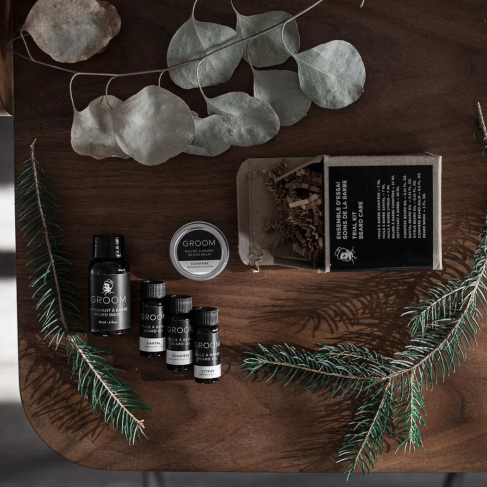 « Coffret d’essai GROOM Soins de la Barbe : mini-huiles, baume et nettoyant »