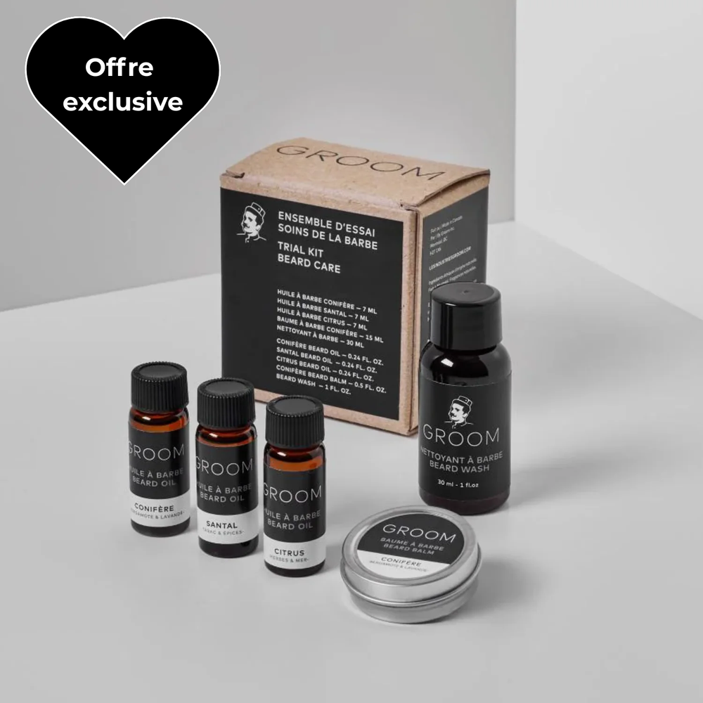 « Coffret d’essai GROOM Soins de la Barbe : mini-huiles, baume et nettoyant »