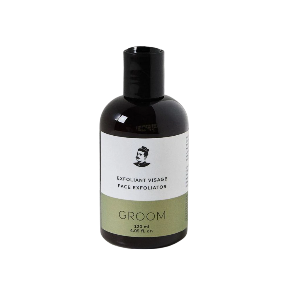 Pot de 120 ml d’Exfoliant Visage Groom – soin purifiant à l’argile, bambou et acides de fruits, parfum pin et cèdre, fabriqué à Montréal

