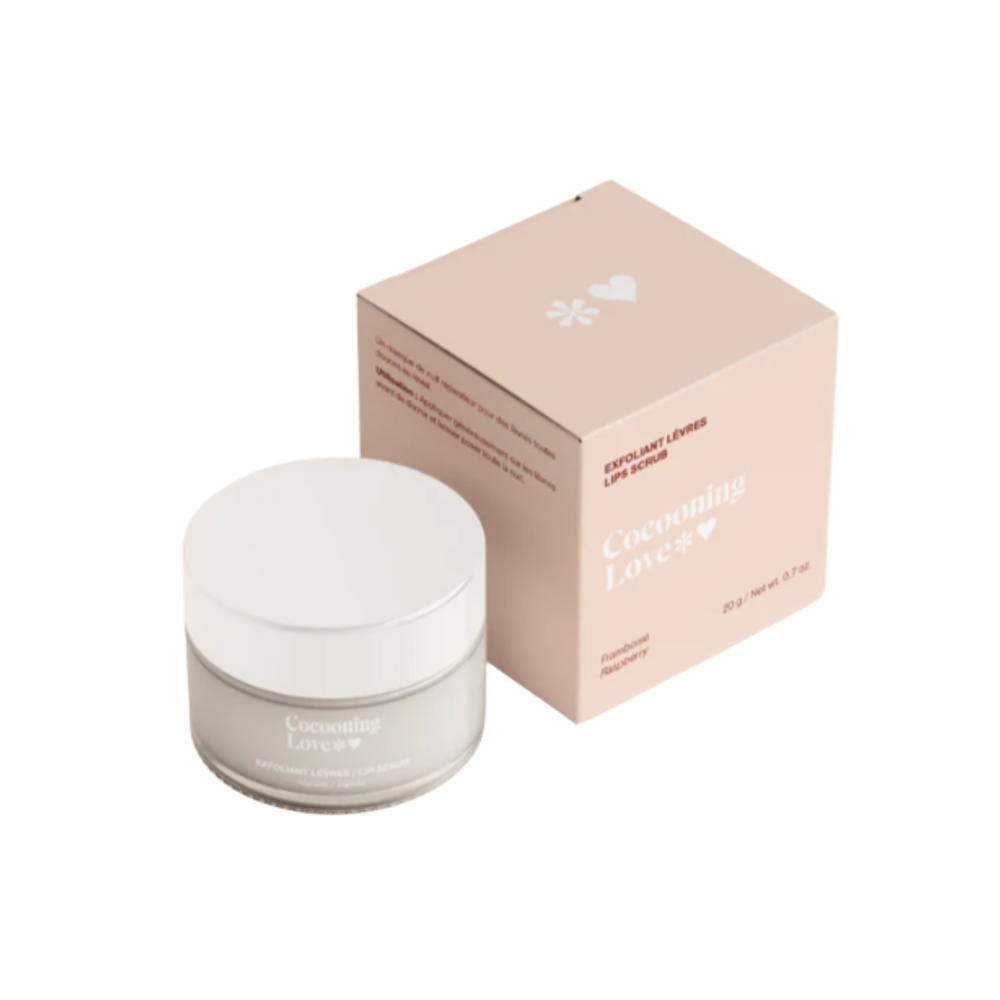 Pot d’exfoliant lèvres Cocooning Love parfum framboise, texture sucrée rose.