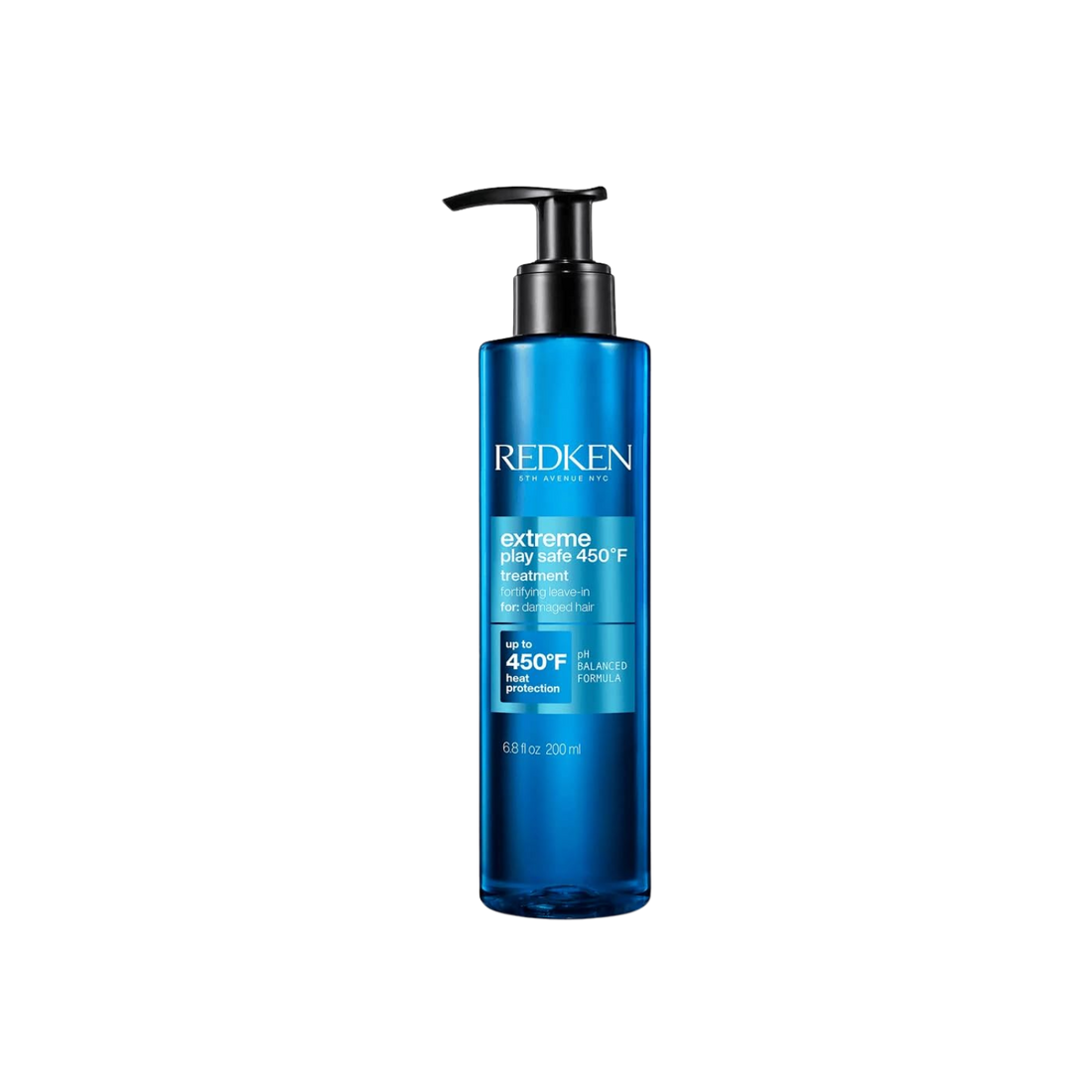 Flacon lotion Extreme Play Safe de Redken posé sur fond clair, protection contre la chaleur, enrichi en tourmaline et protéines végétales.