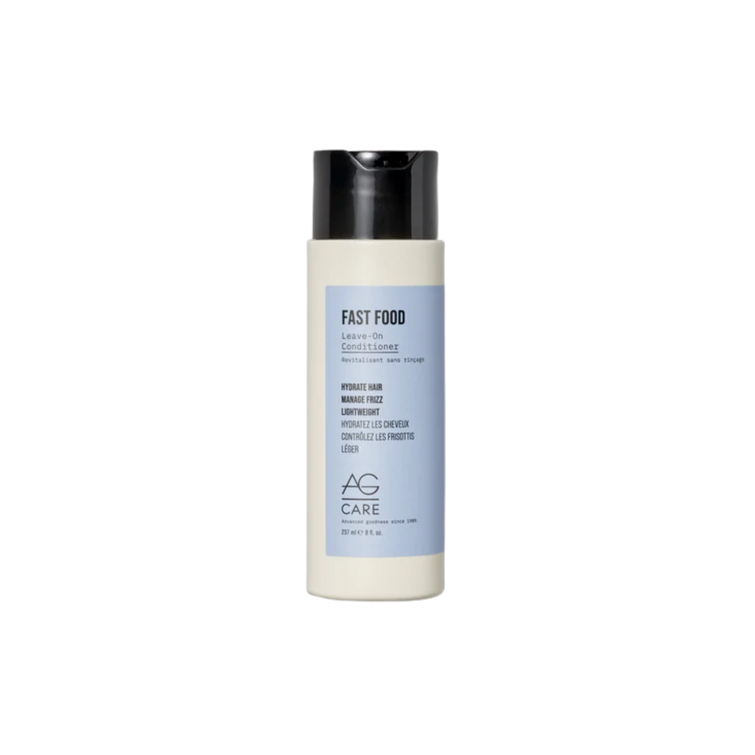 Flacon AG Care Fast Food Leave-On Conditioner posé sur fond neutre, cheveux doux et lisses en arrière-plan
