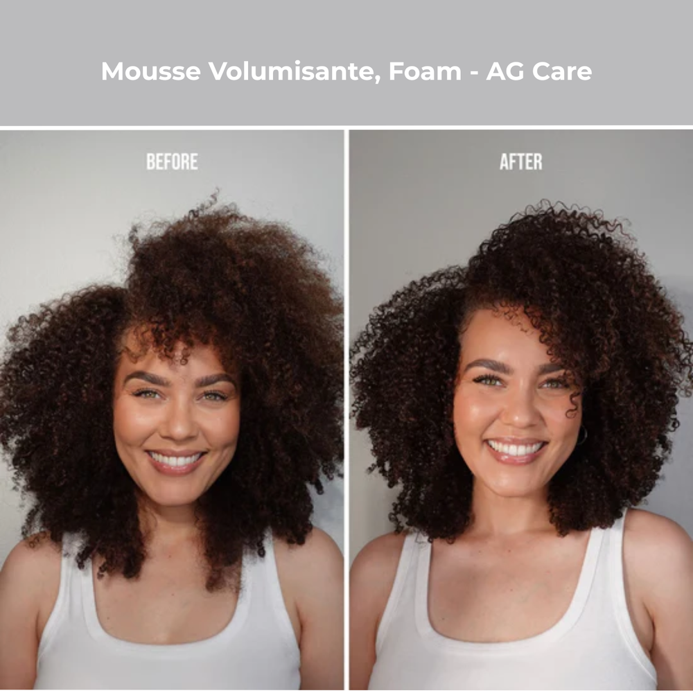 Flacon AG Care Fast Food Leave-On Conditioner posé sur fond neutre, cheveux doux et lisses en arrière-plan
