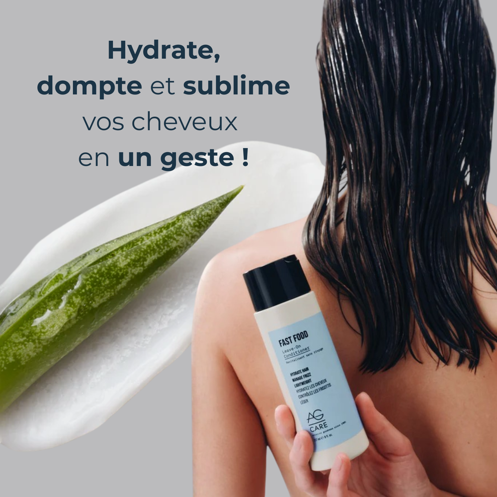 Flacon AG Care Fast Food Leave-On Conditioner posé sur fond neutre, cheveux doux et lisses en arrière-plan