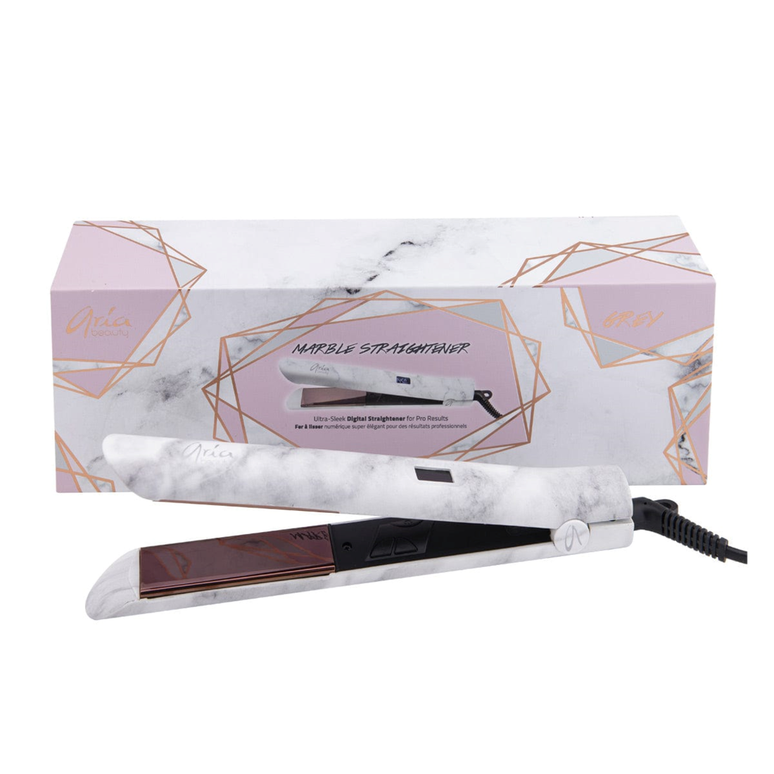 Fer plat numérique ARIA Beauty 1″ marbré affichant le cadran numérique et plaques tourmaline-titane.