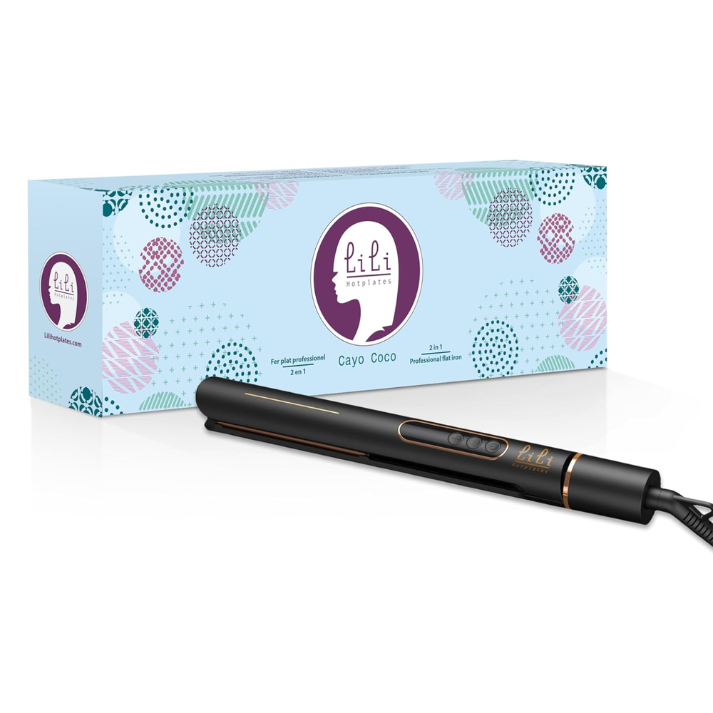 Fer professionnel plaques céramique et tourmaline, usage salon, finition noire‑argent.