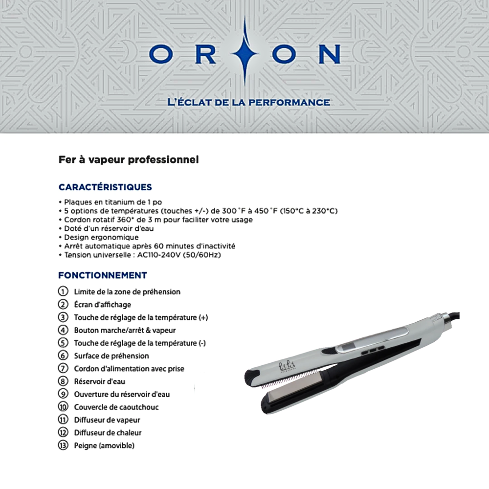 Fer à vapeur professionnel Orion LiLi Hotplates, plaques titane 1 po, finition gris métallisé