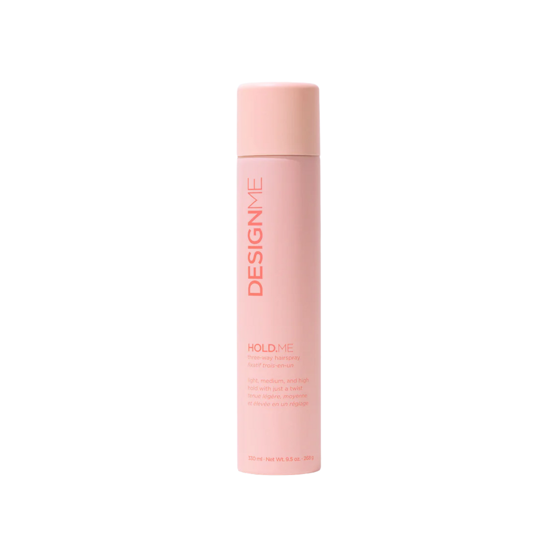 Fixatif trois‑en‑un HOLD.ME de DESIGNME – spray cheveux vegan avec buse réglable pour tenue légère, moyenne ou forte