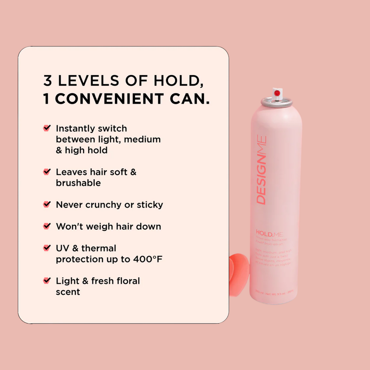 Fixatif trois‑en‑un HOLD.ME de DESIGNME – spray cheveux vegan avec buse réglable pour tenue légère, moyenne ou forte