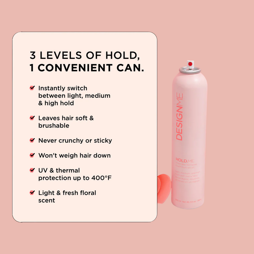 Fixatif trois‑en‑un HOLD.ME de DESIGNME – spray cheveux vegan avec buse réglable pour tenue légère, moyenne ou forte