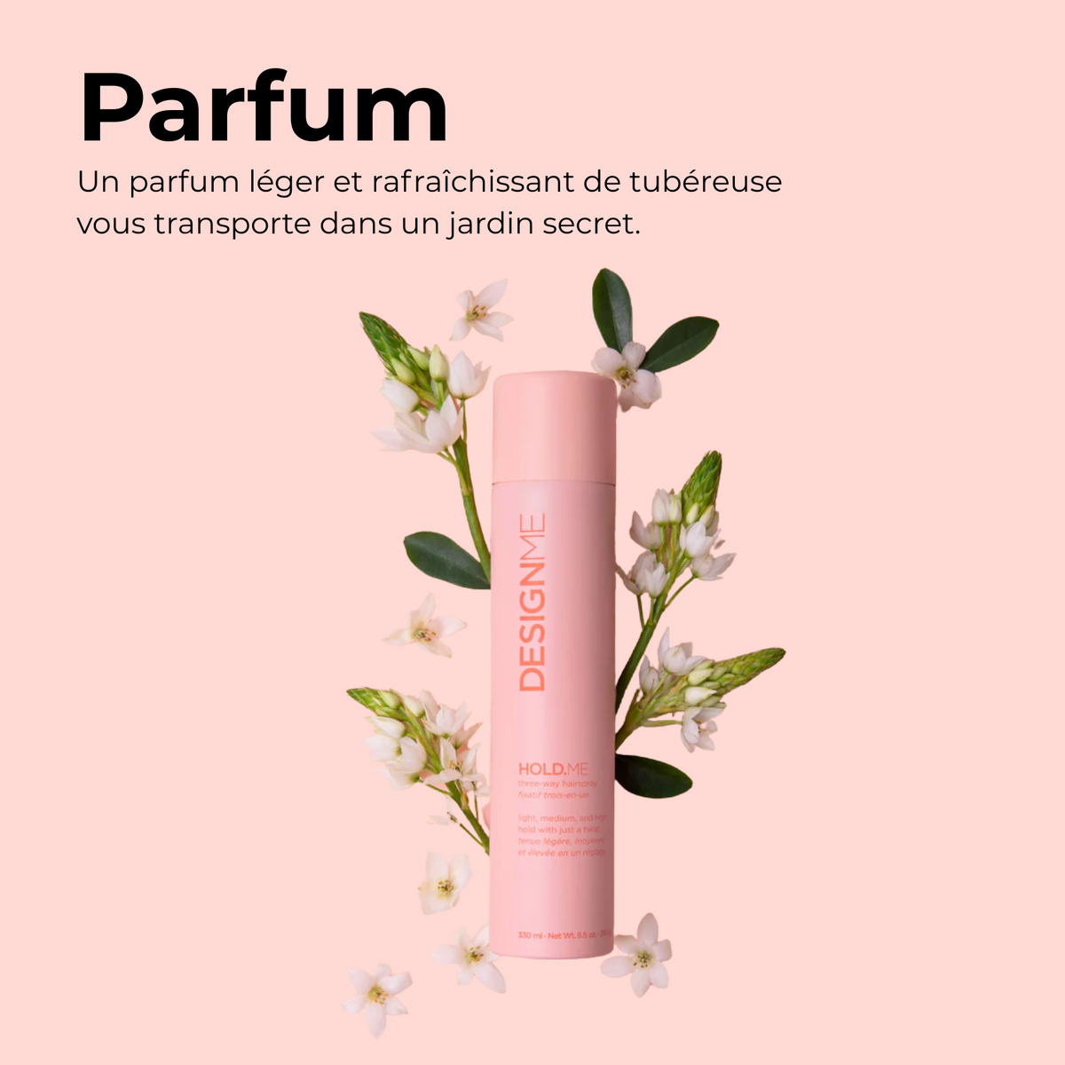 Fixatif trois‑en‑un HOLD.ME de DESIGNME – spray cheveux vegan avec buse réglable pour tenue légère, moyenne ou forte