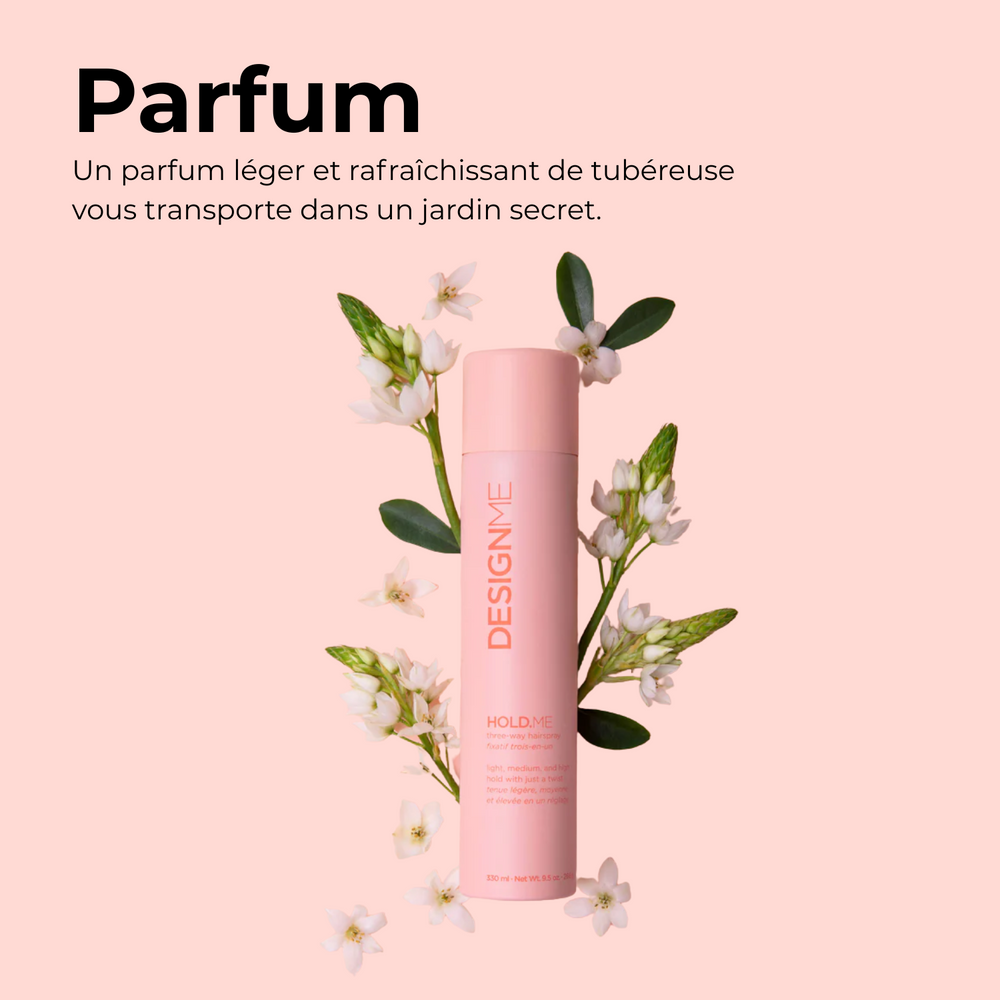Fixatif trois‑en‑un HOLD.ME de DESIGNME – spray cheveux vegan avec buse réglable pour tenue légère, moyenne ou forte