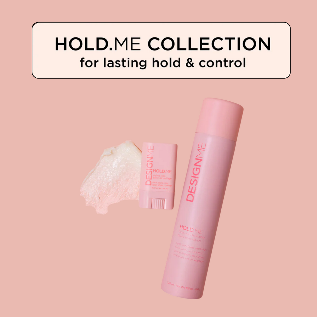 Fixatif trois‑en‑un HOLD.ME de DESIGNME – spray cheveux vegan avec buse réglable pour tenue légère, moyenne ou forte