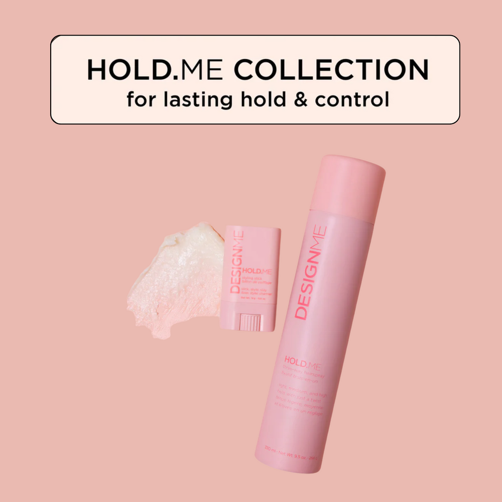 Fixatif trois‑en‑un HOLD.ME de DESIGNME – spray cheveux vegan avec buse réglable pour tenue légère, moyenne ou forte