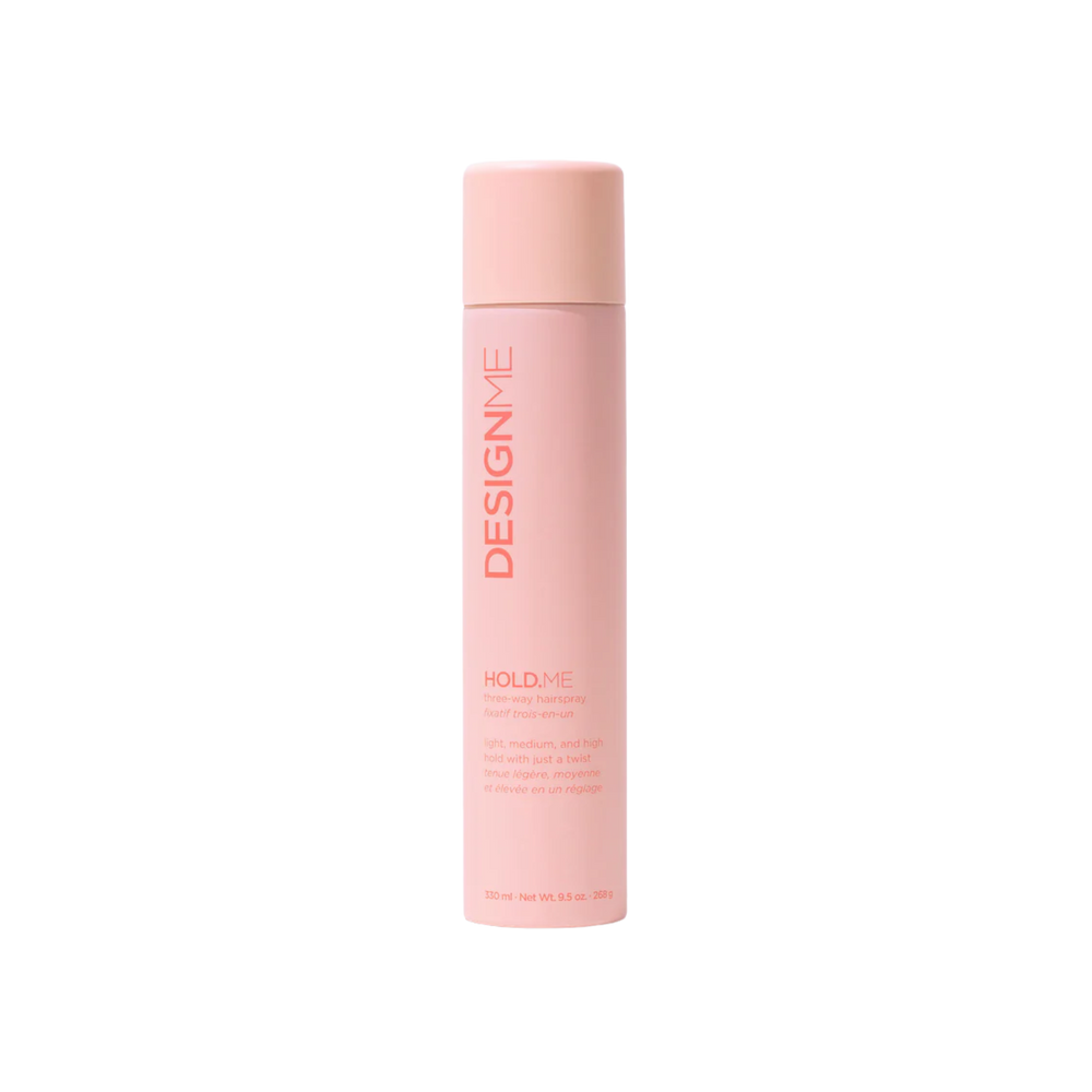 Fixatif trois‑en‑un HOLD.ME de DESIGNME – spray cheveux vegan avec buse réglable pour tenue légère, moyenne ou forte