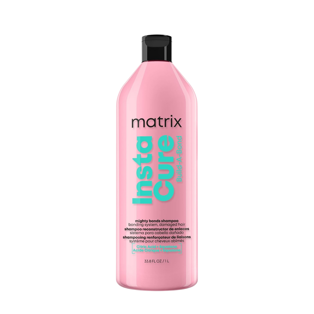“Flacon de shampoing Instacure Build‑A‑Bond Matrix — étiquette rose pâle avec logo Matrix”