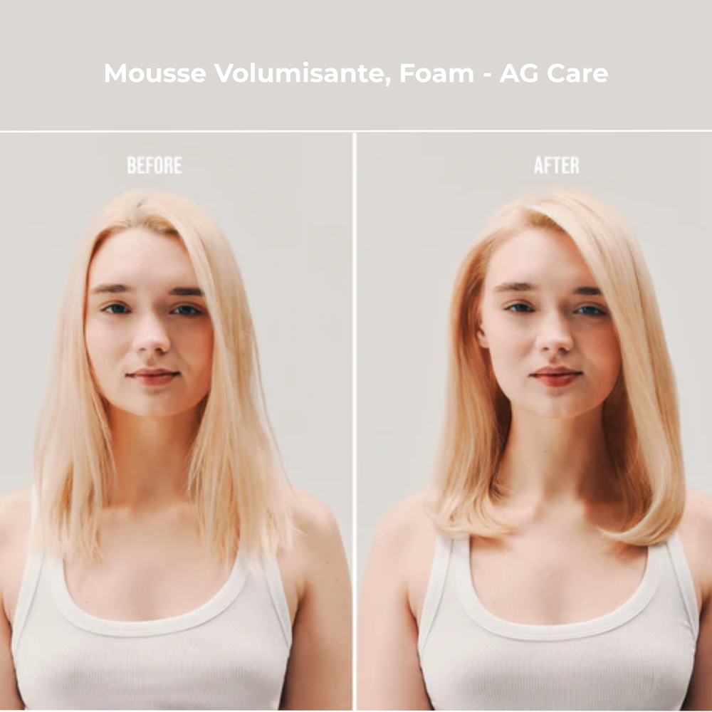 Mousse volumisante AG Care Foam Weightless Volumizer, flacon noir et cheveux volumineux en arrière-plan