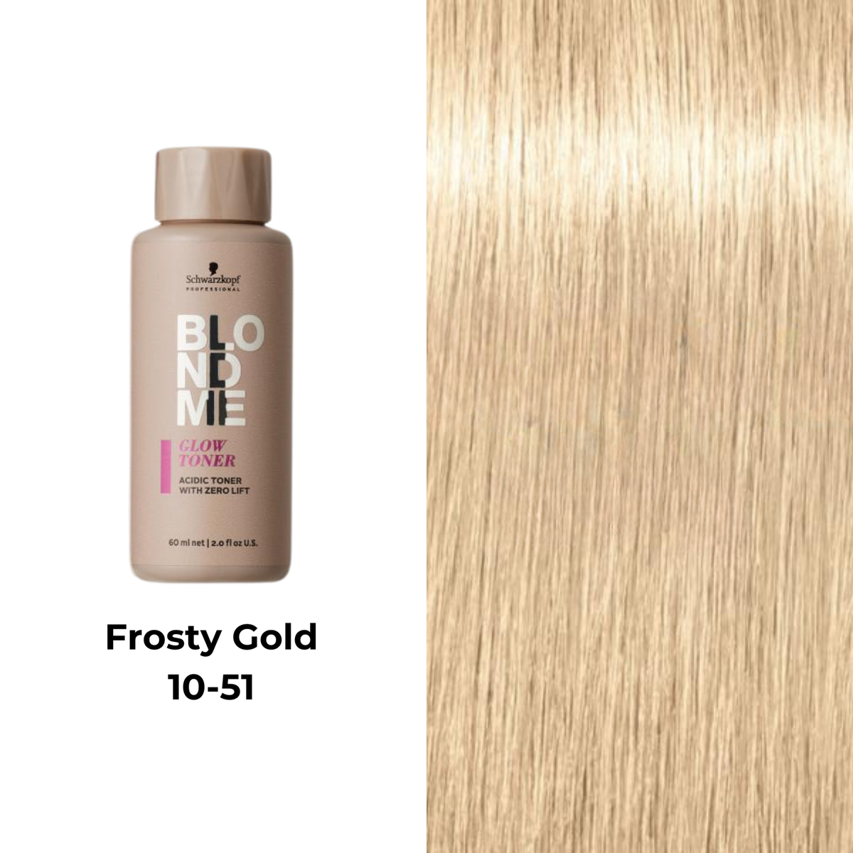 Tube de coloration BLONDME de Schwarzkopf avec mèche de cheveux blond, résultat professionnel lumineux.