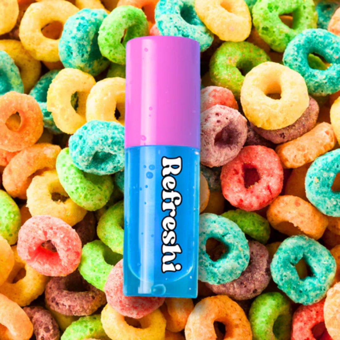Tube 5 ml Fruit Loops Lip Oil Refreshi, texture brillante non collante, parfum fruité style céréale, bulles anti-débordement

