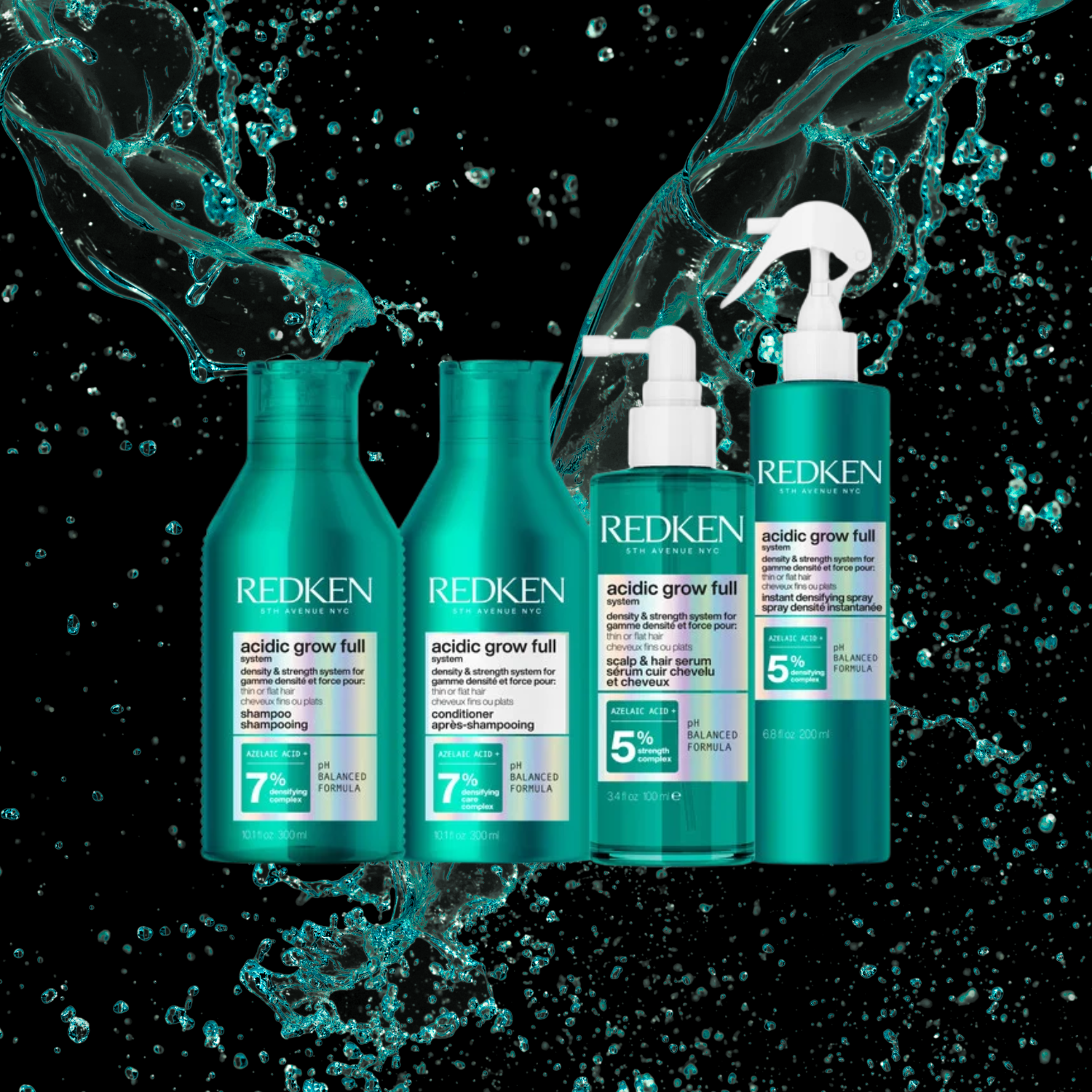 Gamme complète de produit acidic grow full de redken sur fond noir